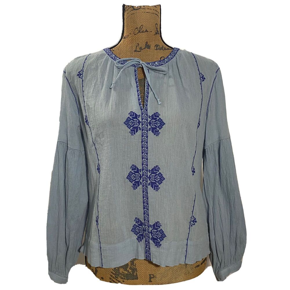 J.Crew Top 4 Dusty Blue Embroider Crinkle Keyhole Boho Long Lantern Sl Casual